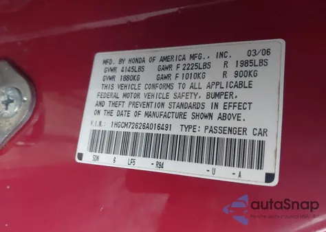 2006 Honda Accord 2.4 Ex from USA, damaged, VIN 1HGCM72626A016491